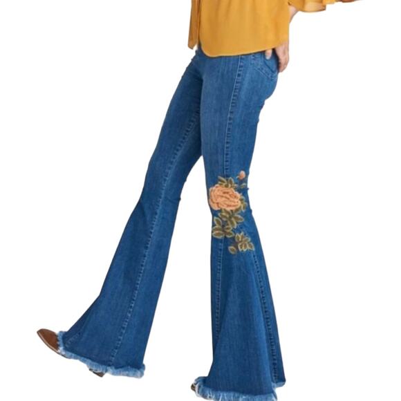 Show Me Your Mumu Berkeley Bell Rainfall Desert Rose Embroidered Jeans XS Flare - Picture 2 of 11